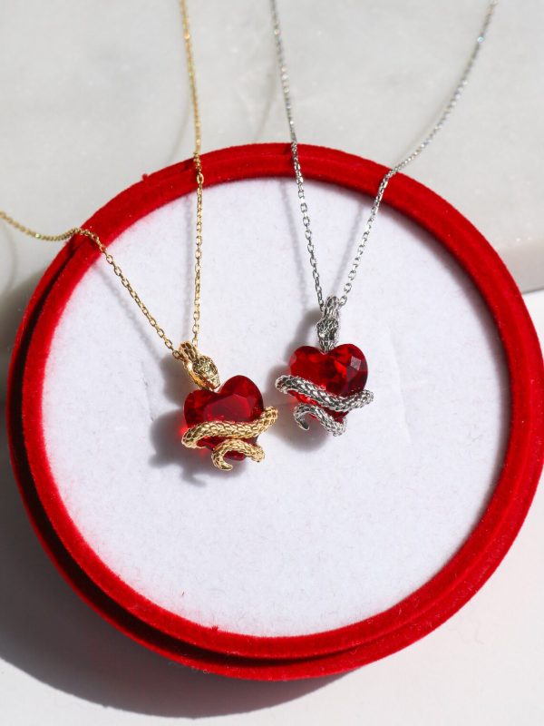 Dangerous Heart Necklace, Red Heart Snake Necklace, 925 Sterling Silver, Gold or Silver Plated, Snake Necklace on Sale