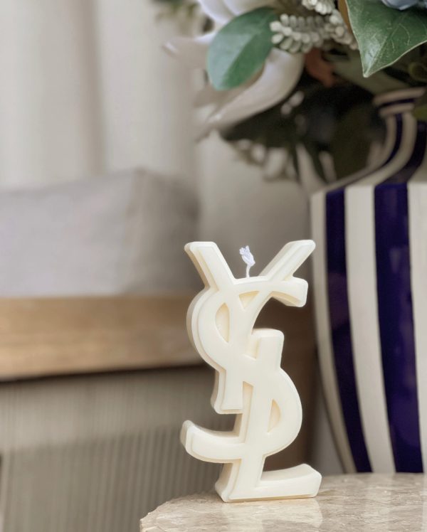 Yves Saint Laurent Candle. High Fashion Sign Candle. YSL. Luxury HomeDecor, Designer Scent, YSLStyle, High End Decoration, Exclusive Fragrance, FashionHouseAmbiance, Sophisticated Decor, Chic Living Supply