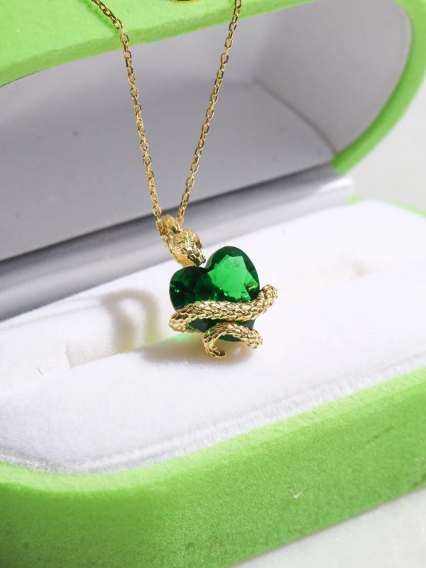 Medusa Snake Heart Necklace, 925 Sterling Silver, Gold or Silver Plated, Snake Necklace, Green Heart Necklace on Sale