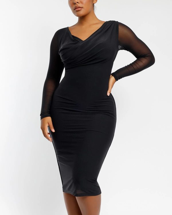 Mesh Draped V-Neck Shaping Dress Online Sale